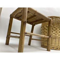 Pair of baskets, together with a wooden stool and waste paper basket