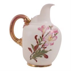 Five Royal Worcester Blush Ivory jugs, comprising one shape 1085 example with bamboo handle, one shape 1376 example with floral decoration and gilt handle and three shape 1094 examples, each decorated with floral sprigs, with printed marks beneath, tallest H14cm
