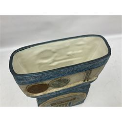 Large Troika double base vase, decorated with geometric design upon a blue ground, designed by Annette Walters, with painted marks beneath, H36cm  