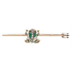 Edwardian frog and spear brooch, the gold and silver green enamel spinning frog set with old cut diamonds and stone set eyes, sat on a gold spear, with registered design number Rd 364025