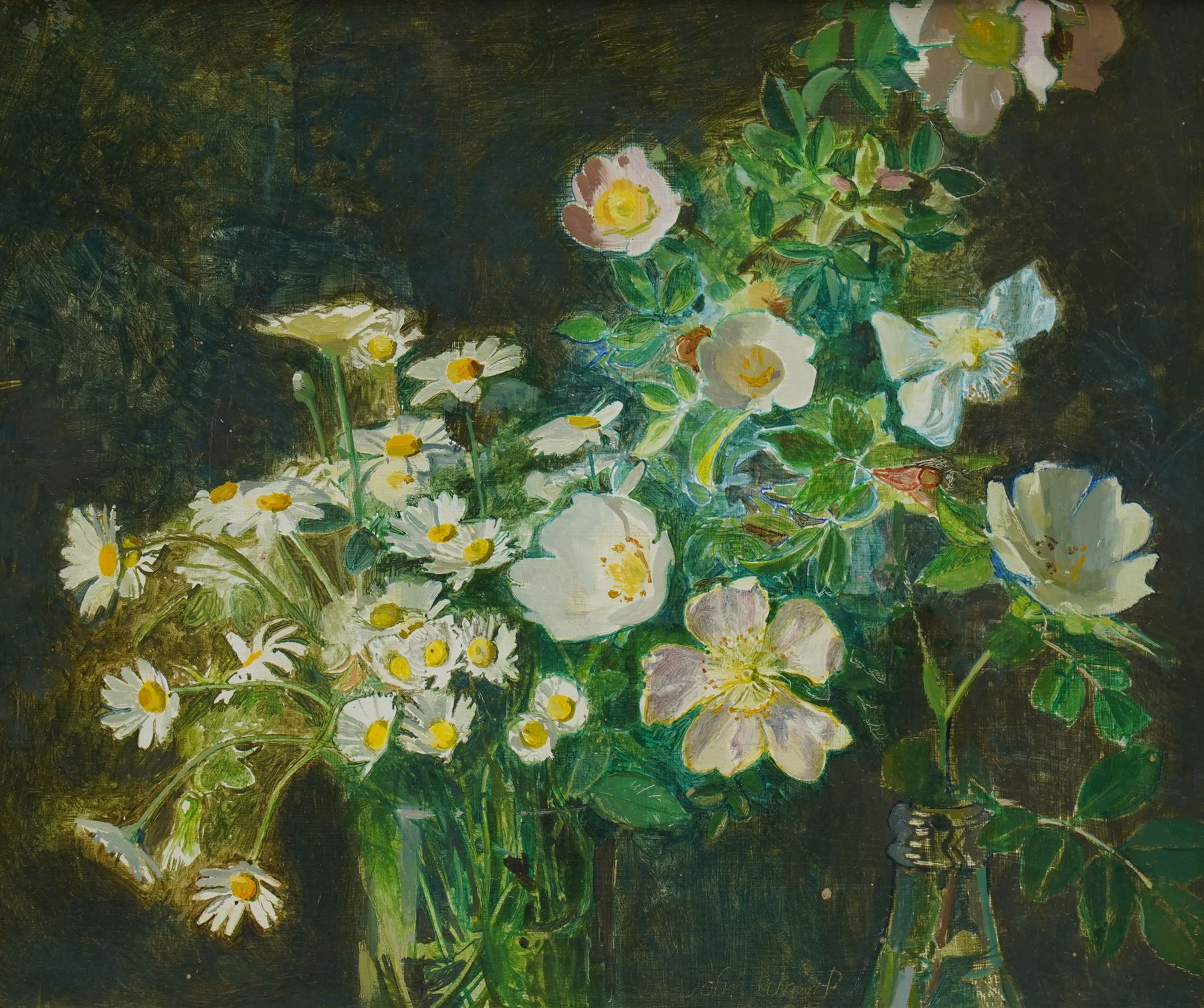 John Stanton Ward (British 1917-2001): Still Life of 'Dog Row and Daisies', oil on board signed and dated '77, exhibition label verso, together with a letter from John Ward 25cm x 30cm