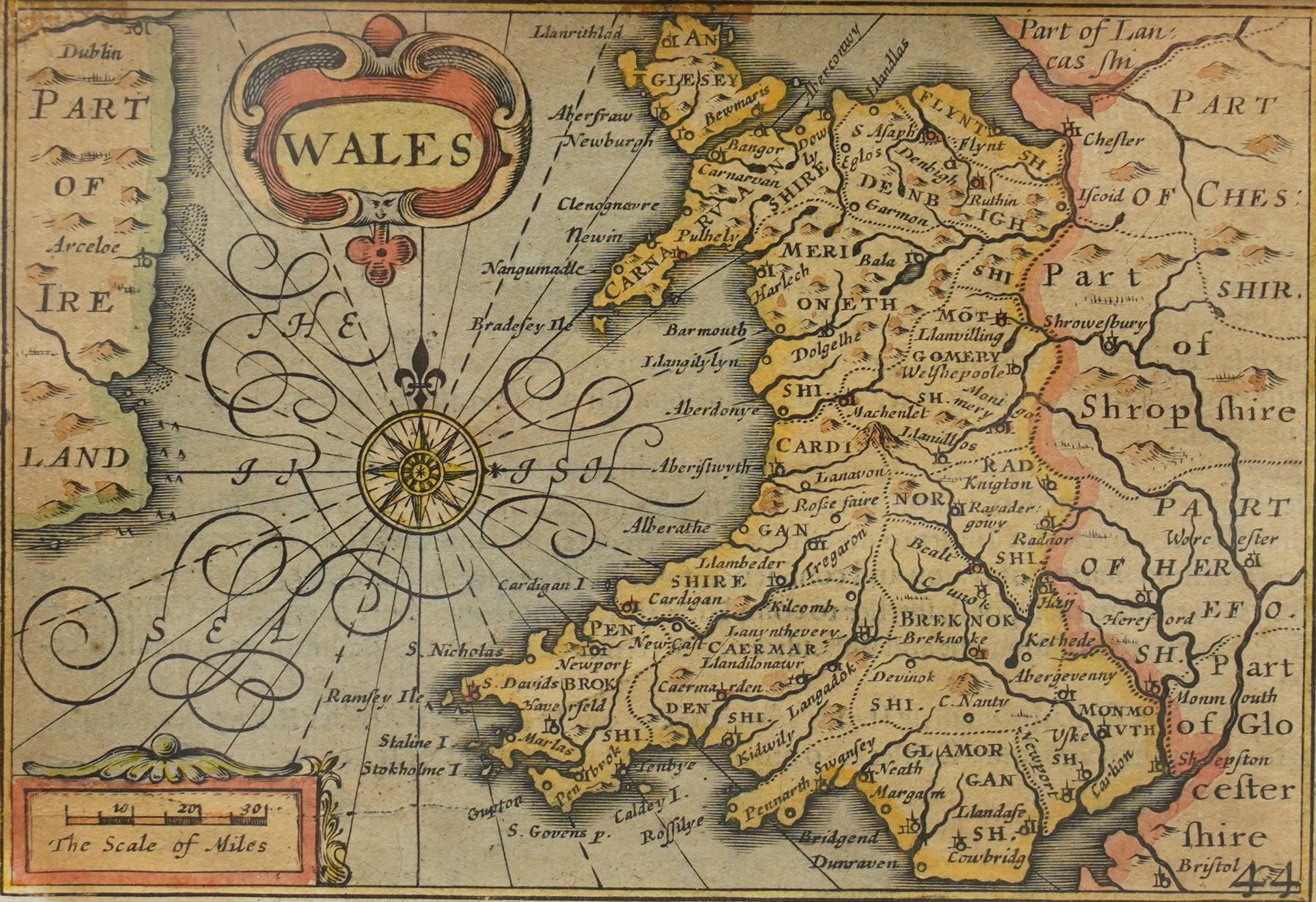 John Speed (British 1552-1629): 'England Wales Scotland and Ireland Described and Abridged', frontispiece and set of four engraved maps with hand-colouring of the British Isles from the miniature pocket-sized edition pub. c.1666, 9cm x 13cm (5)