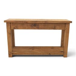 Indigo Furniture - rustic oak console table, two frieze drawers metal cup handles, stile supports with full length undertier