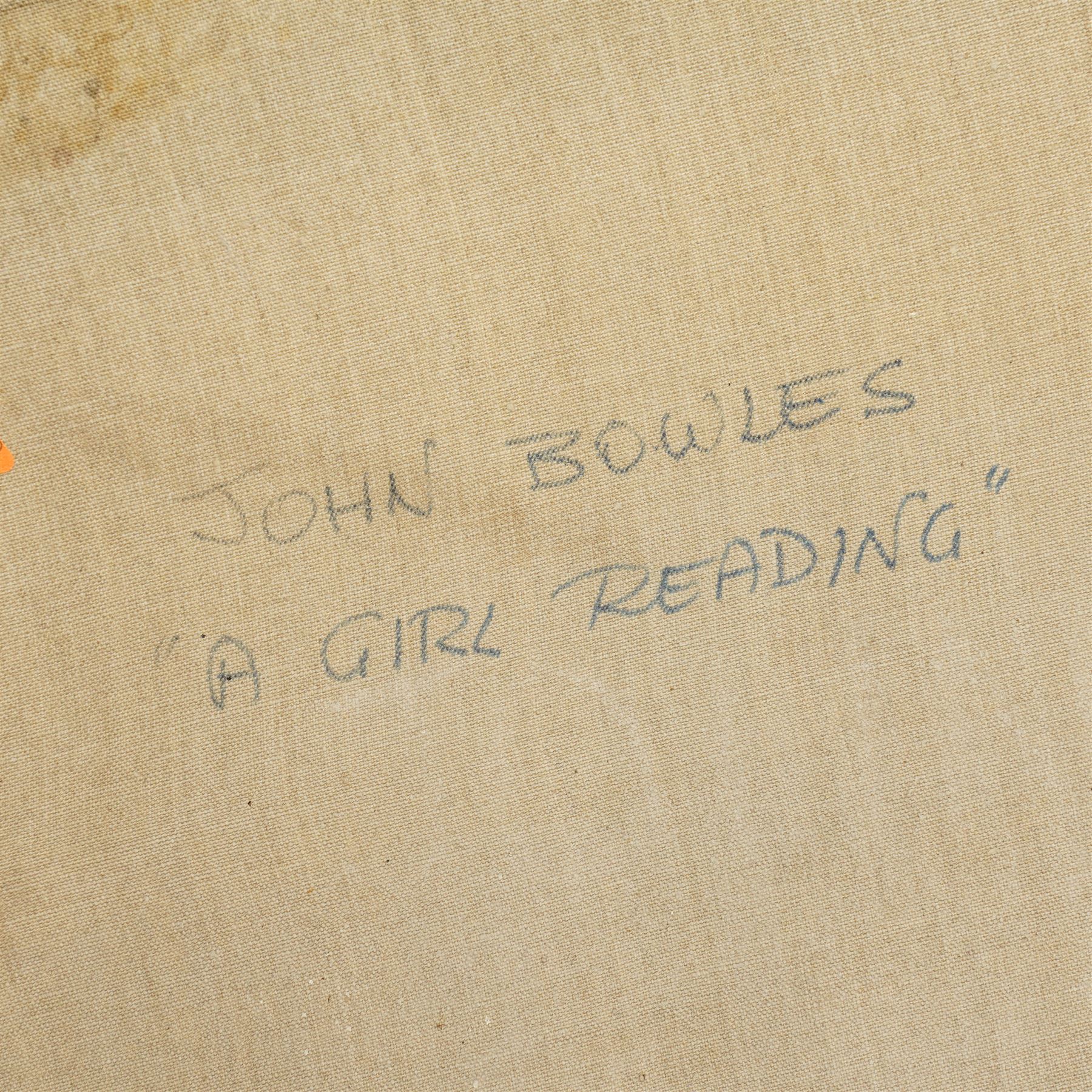 John Gilbey Bowles (British 1929-2011): 'A Girl Reading' - Interior Scene, oil on unstretched canvas signed and dated 1979,  inscribed verso 76cm x 63cm (unframed)