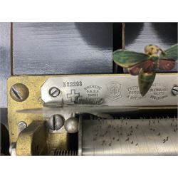 Swiss - 19th-century cylinder music box with three butterfly bells in sight, in a mahogany case with two separately boxed  6” cylinders, glazed viewing lid, 41 tooth comb (one tooth broken) crank key missing, movement untested.