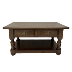 Solid oak coffee table, fitted with two drawers and under-tier