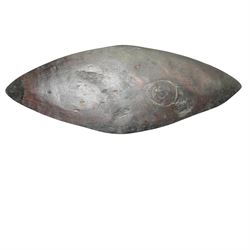 Small Aboriginal shield of navette shape L47cm, Indian powder horn and Victorian officers sword with wire wound shagreen grip and brass hilt, blade length 68cm (3)