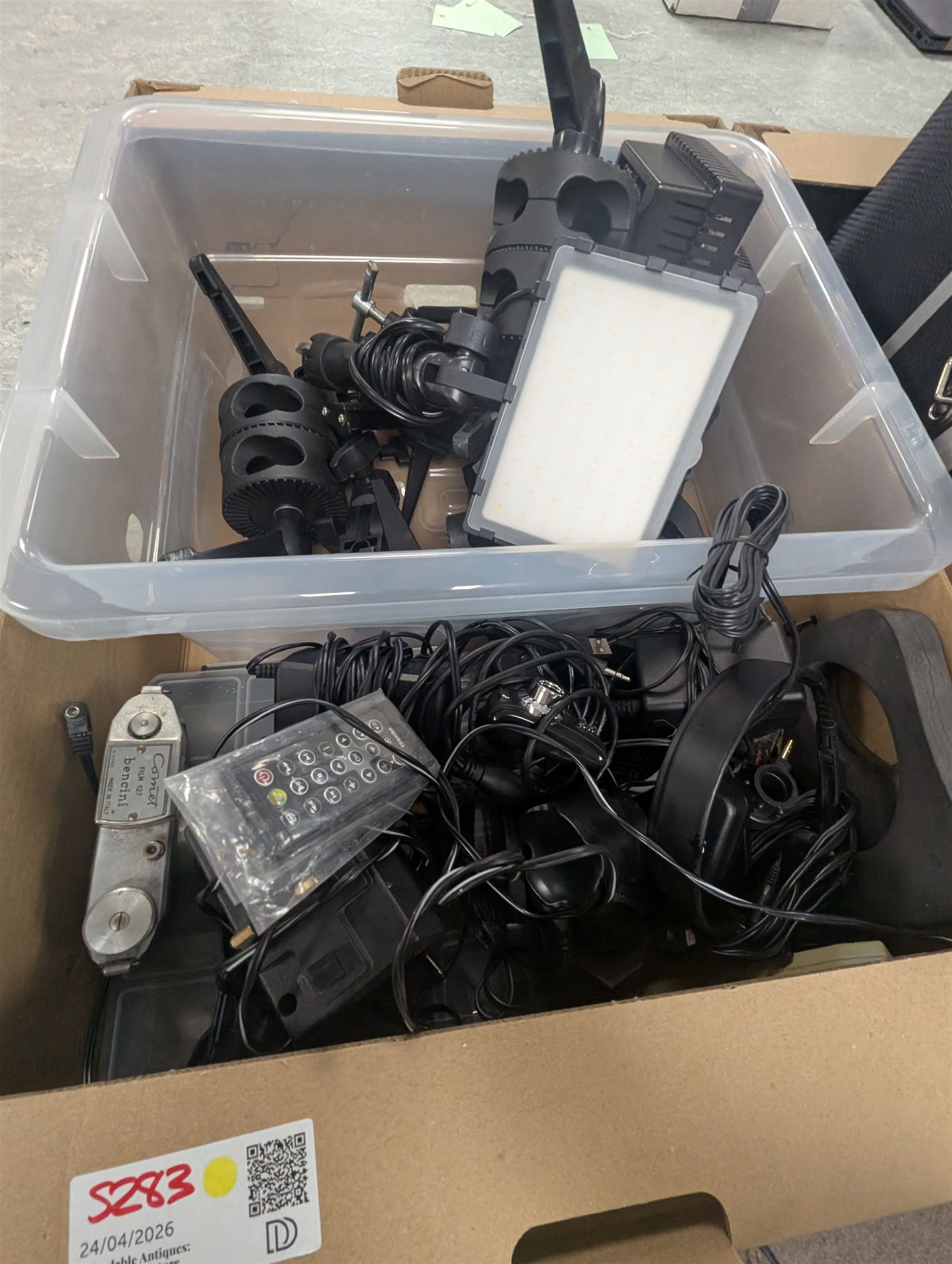 Collection of photography equipment, including flashes, hoods, filters, telephoto lens, bags, etc