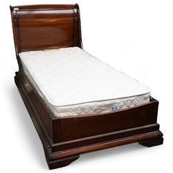 Barker & Stonehouse - mahogany 3' sleigh bed with mattress, scrolled panelled headboard, lower moulded edge on bracket feet