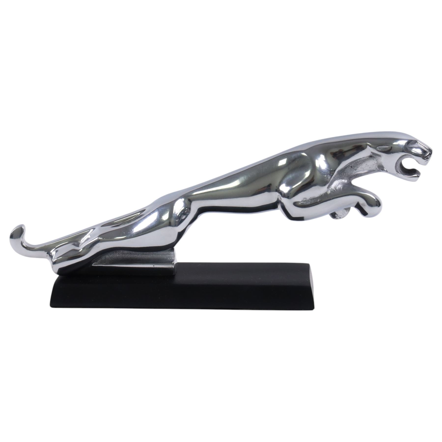 Reproduction chrome plate Jaguar car mascot upon a rectangular stand, L30cm