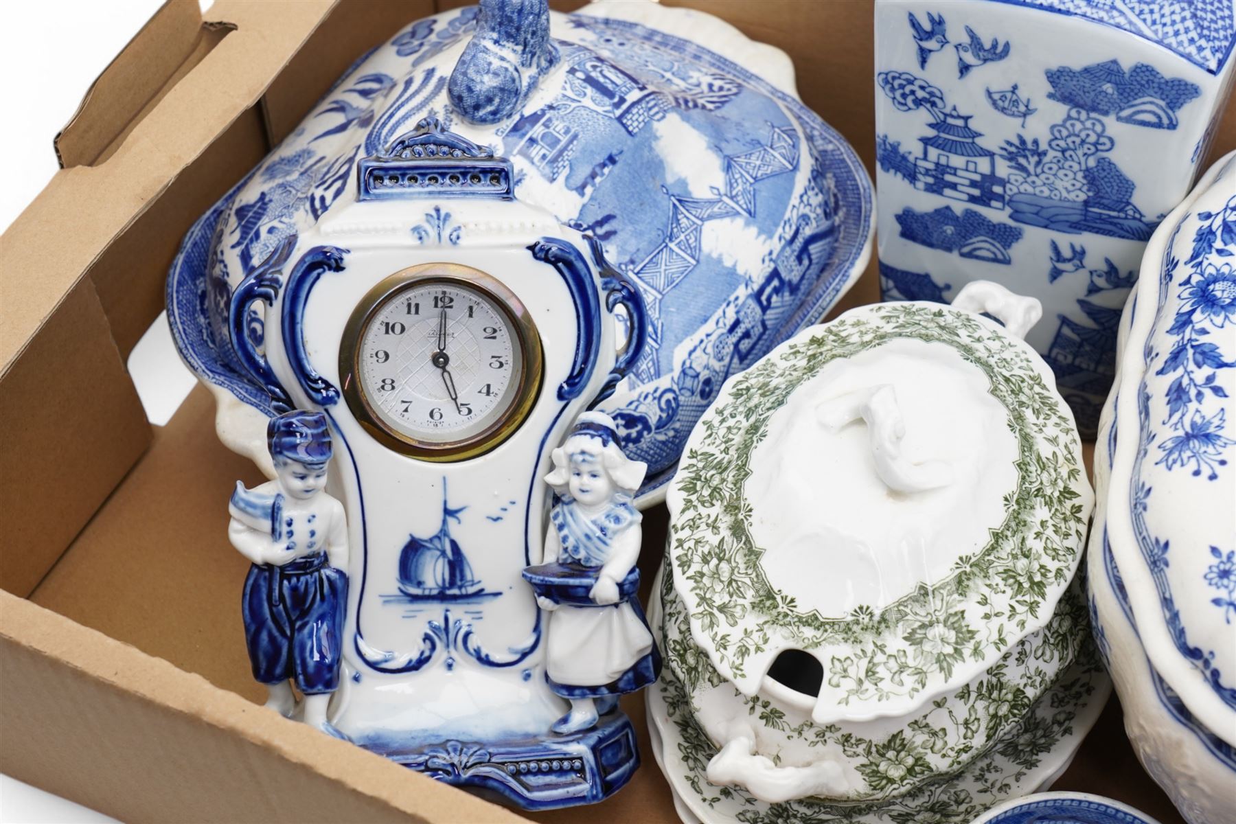 Minton blue and white soup tureen, Willow pattern vegetable dish and cover, Doulton ewer and basin and other items