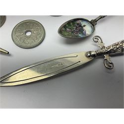 Silver sword shaped bookmark stamped 'SILVER', continental silver teaspoon, two novelty miniature animals, various coins etc