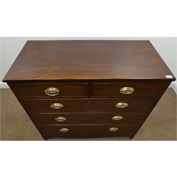  George IV mahogany chest, two short and three long drawers, original oval brass plate handles, shaped bracket supports, W110cm, H103cm, D51cm  