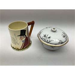 Two Royal Crown Derby pattern Imari soup bowls, pattern 2451, Belleek Fermanagh Ireland four piece set in green shamrock pattern, Royal Doulton small lady figure, Marie HN1370, large Wedgwood fruit bowl, Sylvac jardiniere in autumn leaves pattern, five pieces Co-operative Society commemorative ceramics, with selection of other ceramics. 