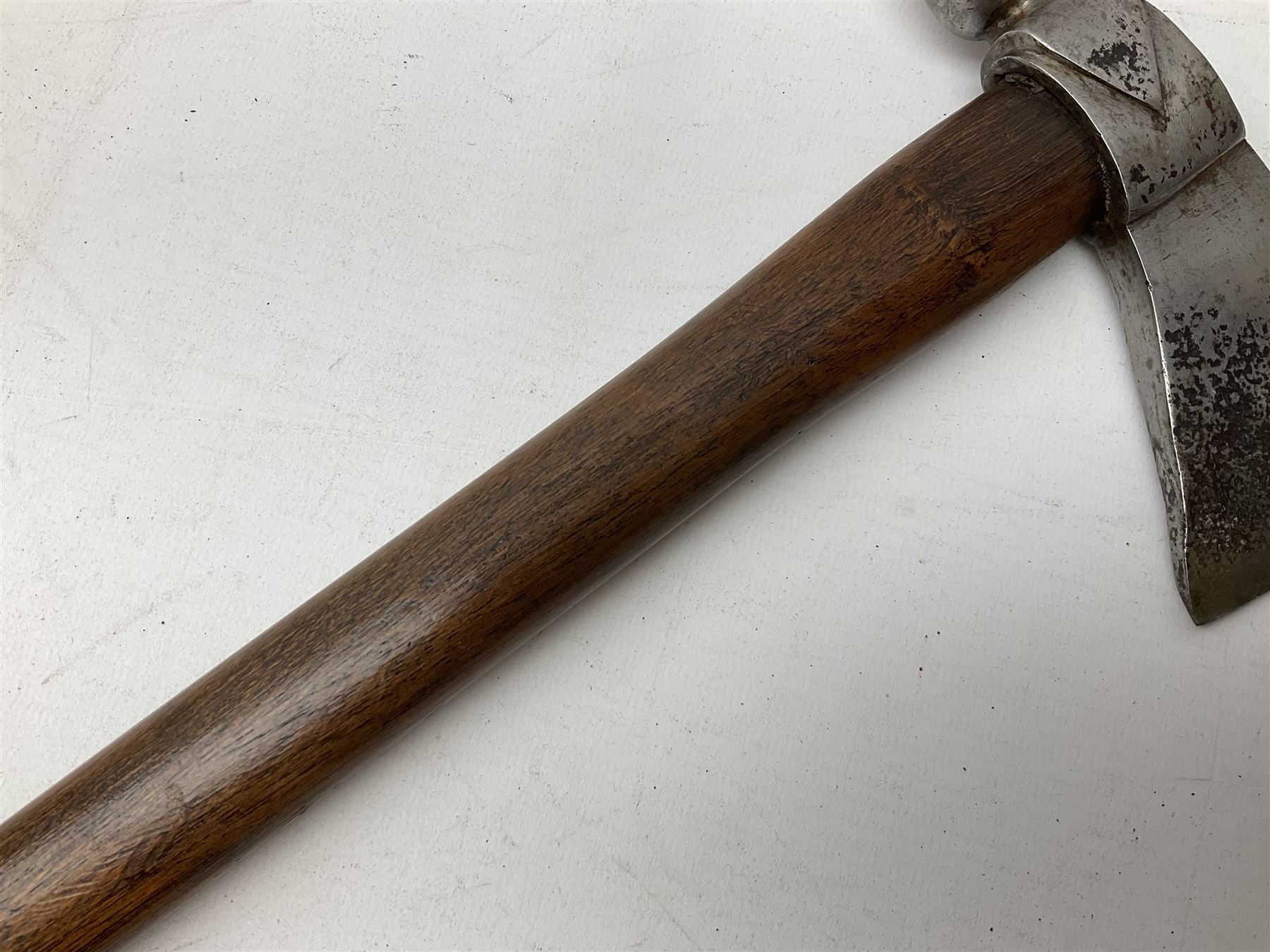 Early 20th century ceremonial Tomahawk pipe, steel axe head with pipe bowl, drilled drawing shaft, 46cm
