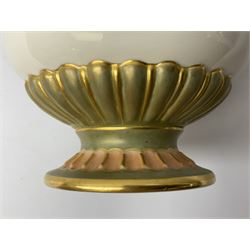 Early 20th century Royal Worcester vase decorated by Harry Davis, of ovoid form with twin acanthus mounted handles and waisted high neck supporting a domed cover, upon a circular foot, the body hand painted with sheep in a highland landscape, signed H Davis, with puce printed marks beneath including shape number 2425, and date code for 1907, H27.5cm