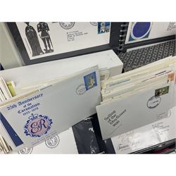 Stamps including Great British and Channel Islands first day covers, with various postmarks and genres, reference material etc, housed in various folders and loose, in one box