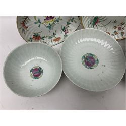 19th Chinese ceramics, to include three bowls, three plates and a pedestal bowl, each decorated in polychrome enamels, with floral decoration and gilt highlights, with character marks beneath, largest D23cm