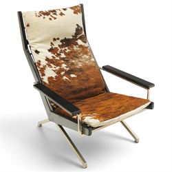 Rob Parry for Gelderland - 1960s 'Lotus' chair, cowhide upholstered seat cushion, with ela...