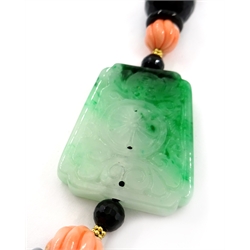  Carved jade, coral, black onyx and 18ct gold necklace   