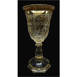  19th century Bohemian faceted glass goblet, scroll etched bowl amongst traces of gilding on faceted octagonal foot, H19.5cm   