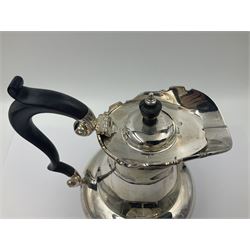 1920s five-piece silver tea service, comprising teapot, coffee pot, hot water pot, twin handled open sucrier and milk jug, each of squat circular form with shaped rim, the teapot, coffee pot and hot water pot each with ebonised handle and finial, the sucrier and milk jug with acanthus capped scroll handles, all upon circular foot, hallmarked R F Mosley & Co, Sheffield 1926 & 1927, tallest H24cm