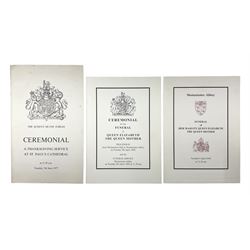 Queen's Silver Jubilee order of service for 'Ceremonial a thanks giving service at St Paul's Cathedral' and Westminster Abbey order of service for 'Funeral of Her Majesty Queen Elizabeth The Queen Mother'