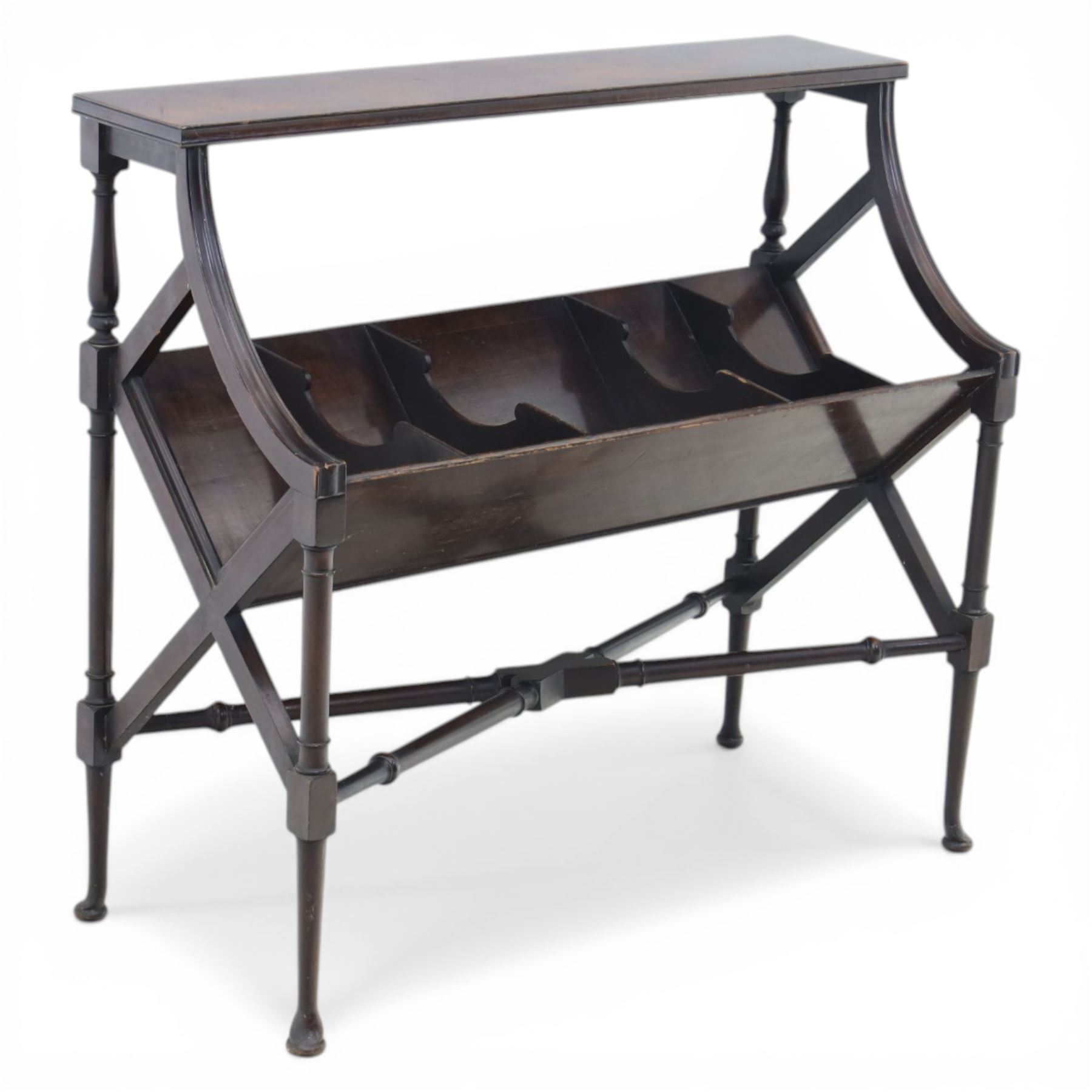 Early 20th century mahogany bookstand, rectangular top over sloped book trough with four divisions, on turned supports with X-shaped stretcher base