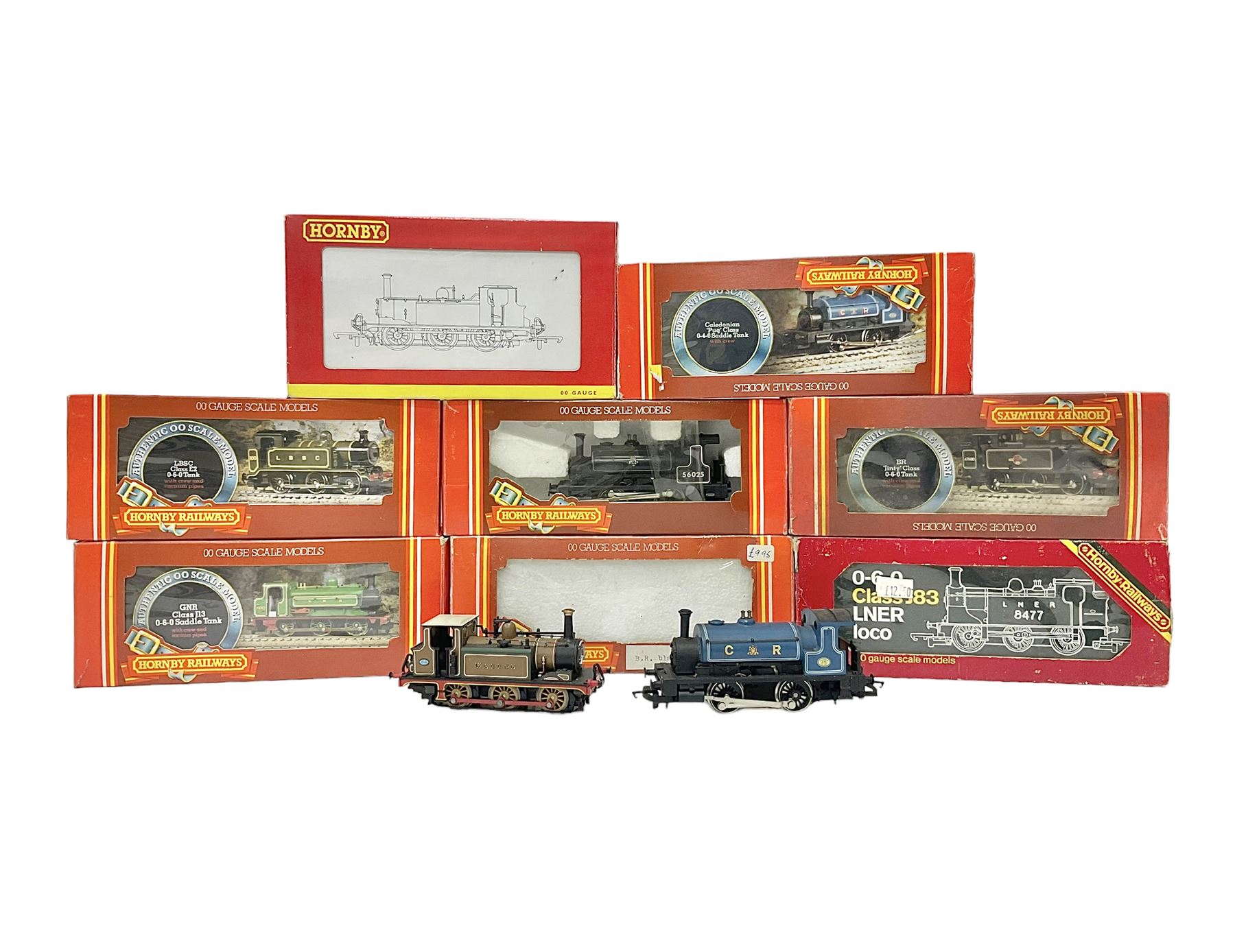 Hornby ‘00’ gauge - LBSC Class A1 0-6-0 ‘Brighton Works’ Terrier locomotive no.32635; LBSC E2 Class 0-6-0 tank locomotive no.100; BR Class 3F Jinty 0-6-0 tank locomotive no.47480; Caledonian ‘Pug’ Class 0-4-0 Saddle Tank locomotive no.270; GNR Class J13 0-6-0 Saddle Tank locomotive no.1247; LNER Class J83 0-6-0 locomotive no.8477; Class J52 0-6-0T locomotive no.68831 in BR black; in original boxes; BR Black 0-4-0 locomotive no.56025, in ‘Smokey Joe’ box; two further loose locomotives comprising ‘Waddon’ 0-6-0 locomotive no.54 and Caledonian Railway 0-4-0 locomotive no.270 (10) 