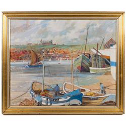 English School (Contemporary): Whitby Boats at Low Tide, oil on board indistinctly signed 45cm x 54cm 