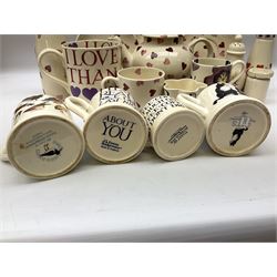 Collection of Emma Bridgewater spongeware ceramics, to include Pink Hearts pattern teapot, milk bottle vase, teacup and saucers, Love & Kisses sugar shaker and large 'I love you more than Marlon Brando' mug, British Birds and Black and White pattern mugs, etc, all with printed marks beneath, tallest H21.5cm