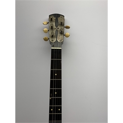 Early 20th century five-string banjo with ebonised frame and walnut neck, the headstock with engraved nickel plated mounts, impressed No.44A, L91cm