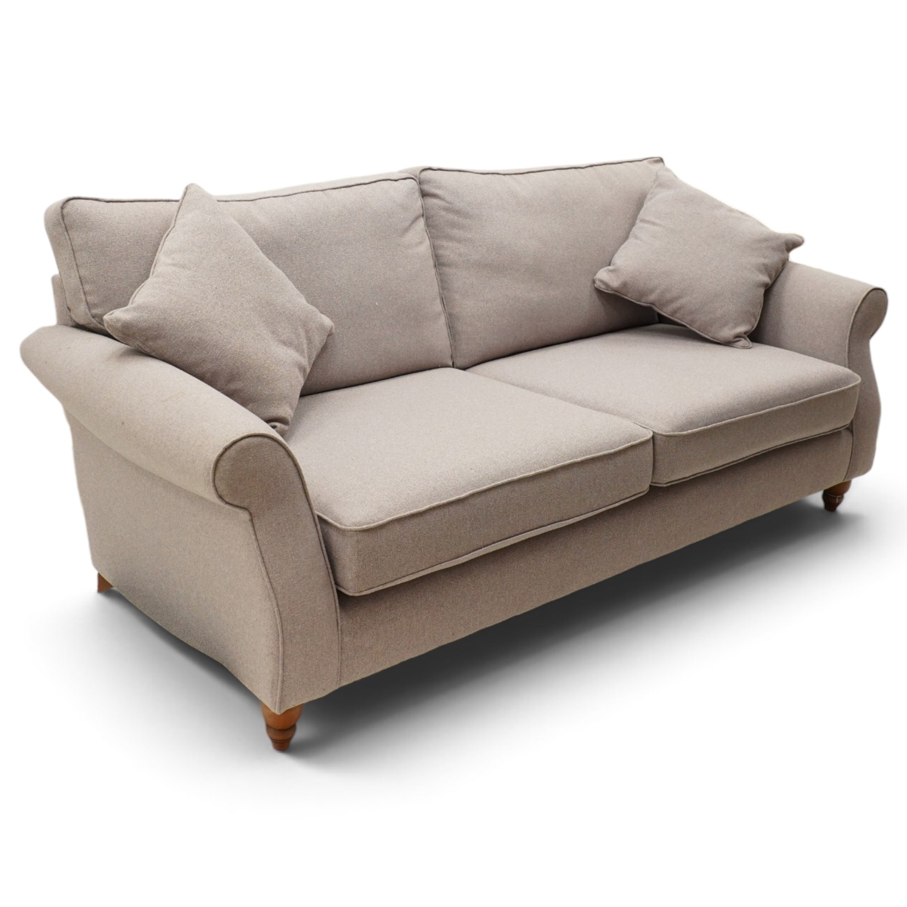 Next - contemporary four-seater sofa, upholstered in lilac fabric, square back with scrolled arms, fitted with two loose seat cushions and two loose back cushions, with arm cushions, raised on turned feet 