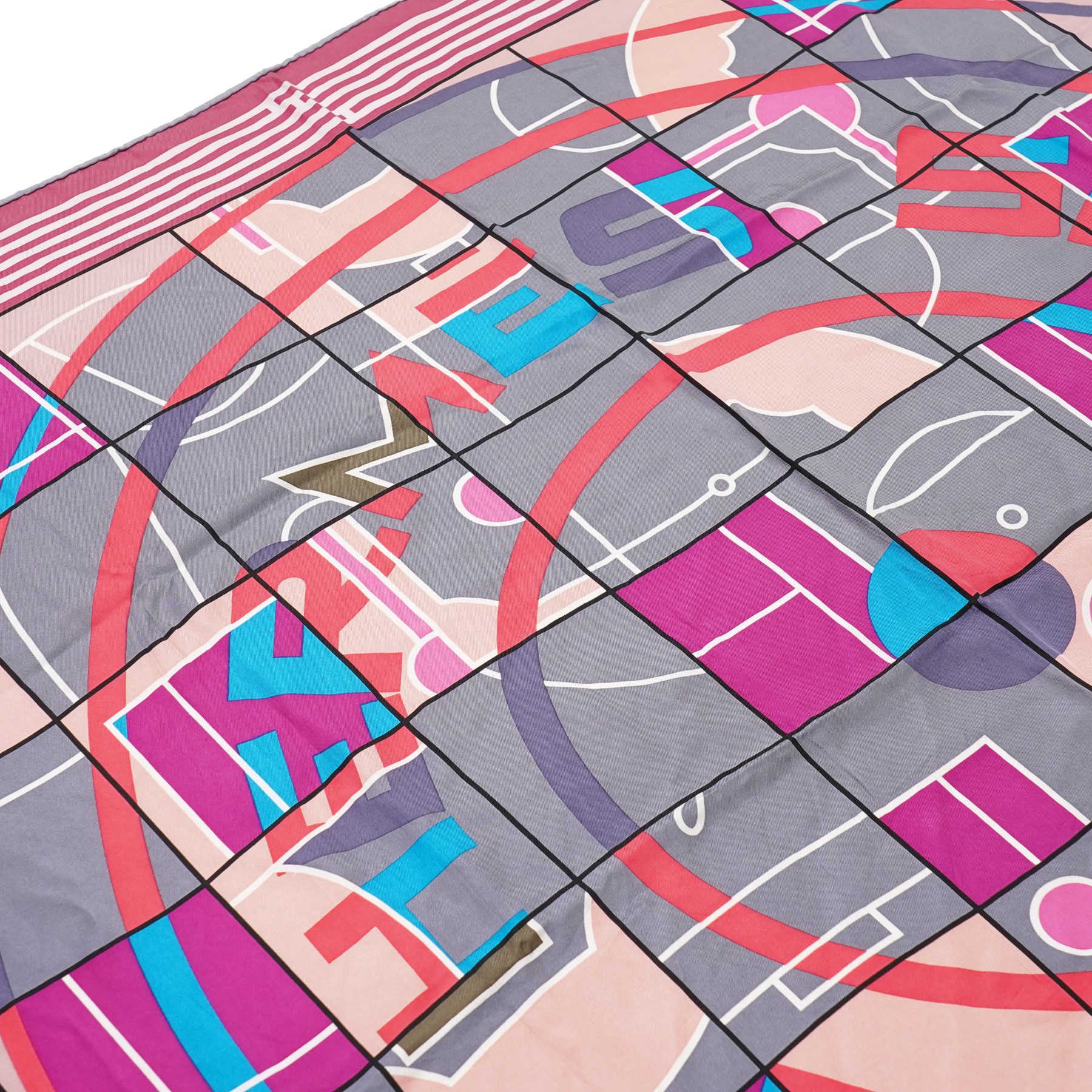 Hermès - ‘Hermès Sport’ silk scarf, designed by Anamorphée, first issued 2013, grey, burgundy, pink, blue and salmon colourway with hand-rolled edges
