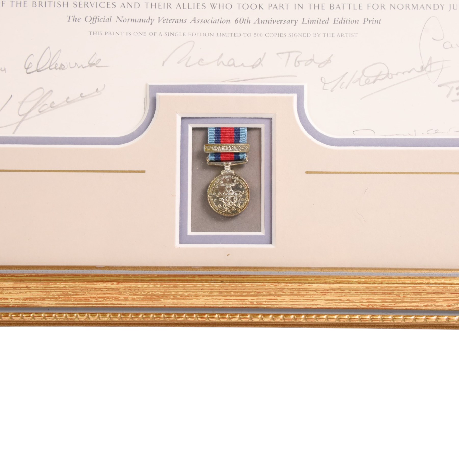 After Michael Turner, (b.1934), D-Day 6th June, 1944, The Official Normandy Veterans Association 60th Anniversary Limited Edition print, signed by the artist and various veterans, including Flying Officer Leslie Valentine, mounted with a miniature medal, framed and glazed 66cm x 80cm