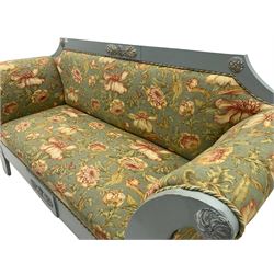 French empire style settee upholstered in 'Leighton' by Margarita Cushing floral fabric, grey painted and gilt frame