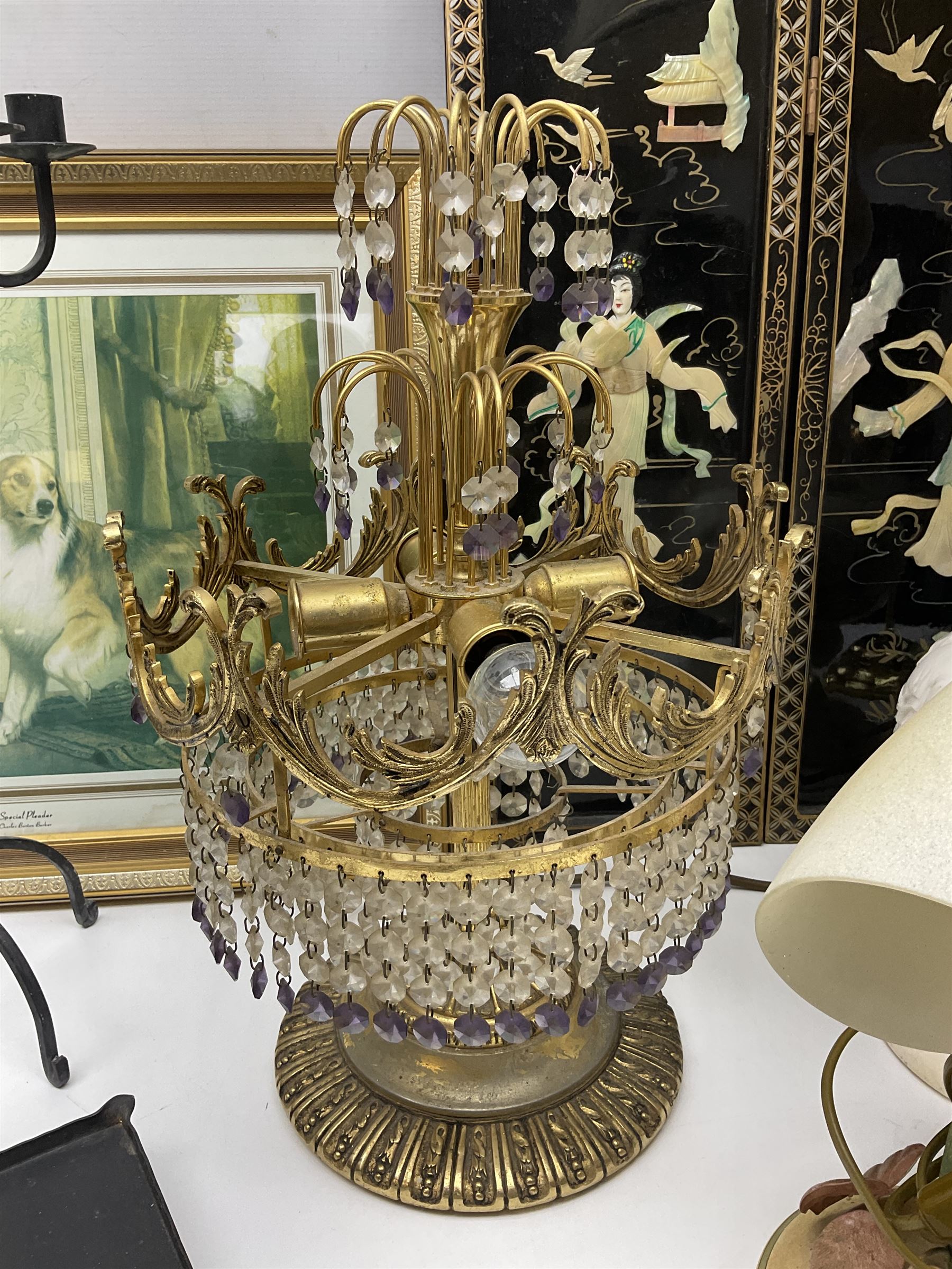 Soapstone table lamp, with carved floral stem, together with three other table lamps, metal candelabra and candlestick, Charles Burton Barber framed print and a Chinese table screen etc 