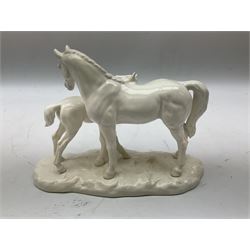 Three Royal Doulton figures, comprising Faith HN4151, Hope HN4097 and Charity HN4243, together with a horse and foal figure group