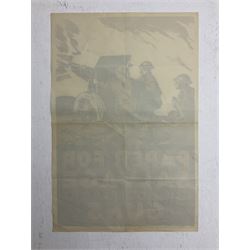 WW2 poster after Alfred Sindall printed for H.M. Stationery Office by Wm. Brown & Co Ltd London E.C.3; poster No.S.P.37 'Paper For Salvage Helps To Feed The Guns' depicting British Soldiers firing a field gun 75 x 51cm; blue, gold and white; unframed