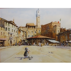  Continental Market Place with a Girl Feeding Pigeons, watercolour signed by Bernard McDonald (British 1944-) 52cm x 67cm    