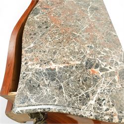 French Louis XV revival bombe commode, early 20th century, with variegated marble top above two drawers inlaid with floral marquetry, gilt metal rococo handles and mounts, kingwood and tulipwood veneers laid in chevron and quartered patterns, on cabriole supports with gilt sabots