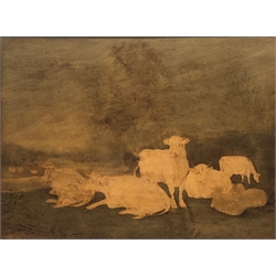 English School (19th century): Cows Grazing, stained panel unsigned 43cm x 58cm