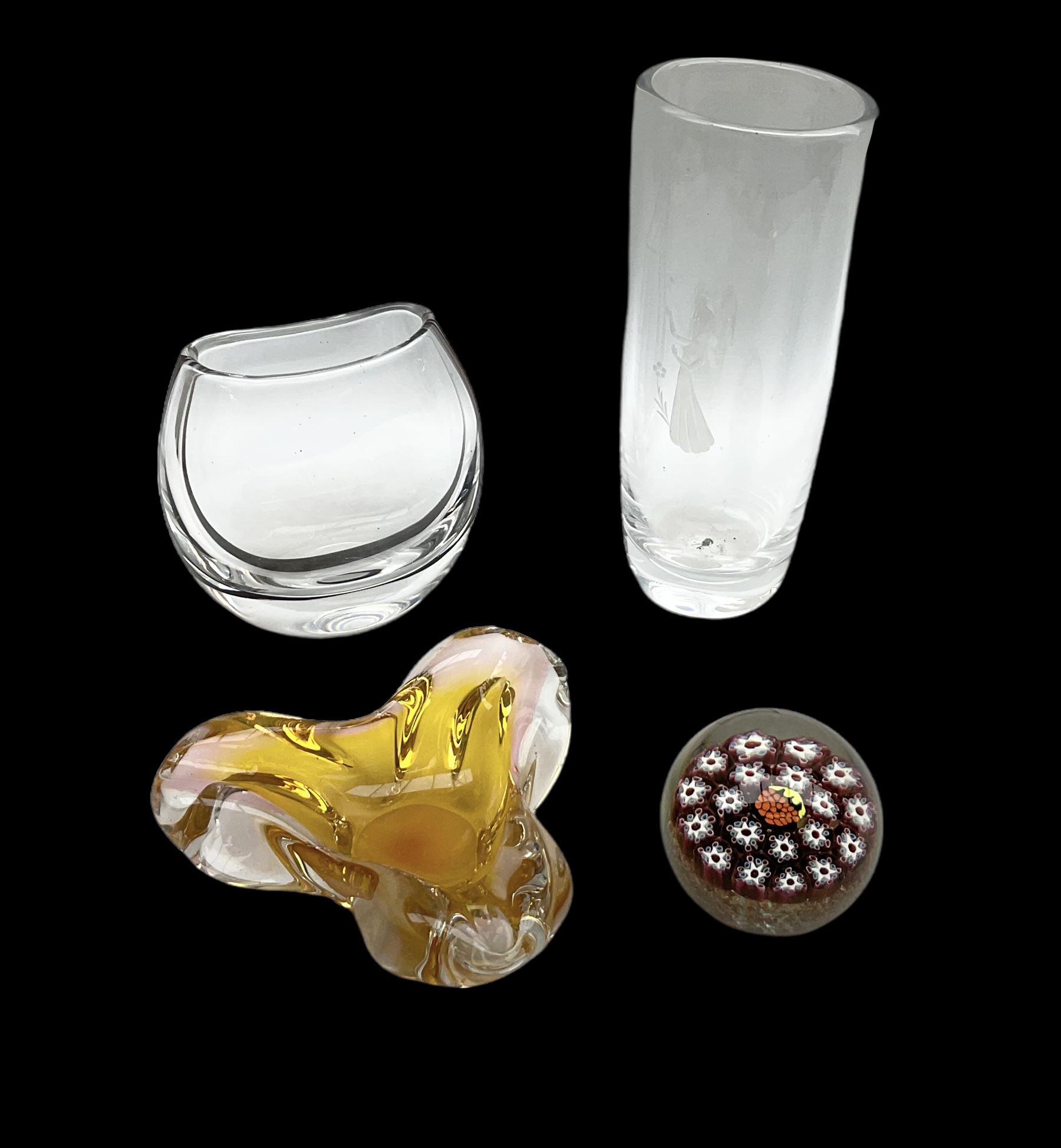 Vicke Lindstrand for Kosta glass vase of flattened ovoid form, the body with deep purple band from rim to rim, signed LH 1242 beneath, together with Orrefors glass vase, engraved with female figure with birds, signed beneath, art glass bowl and paperweight (4) tallest H23.5cm