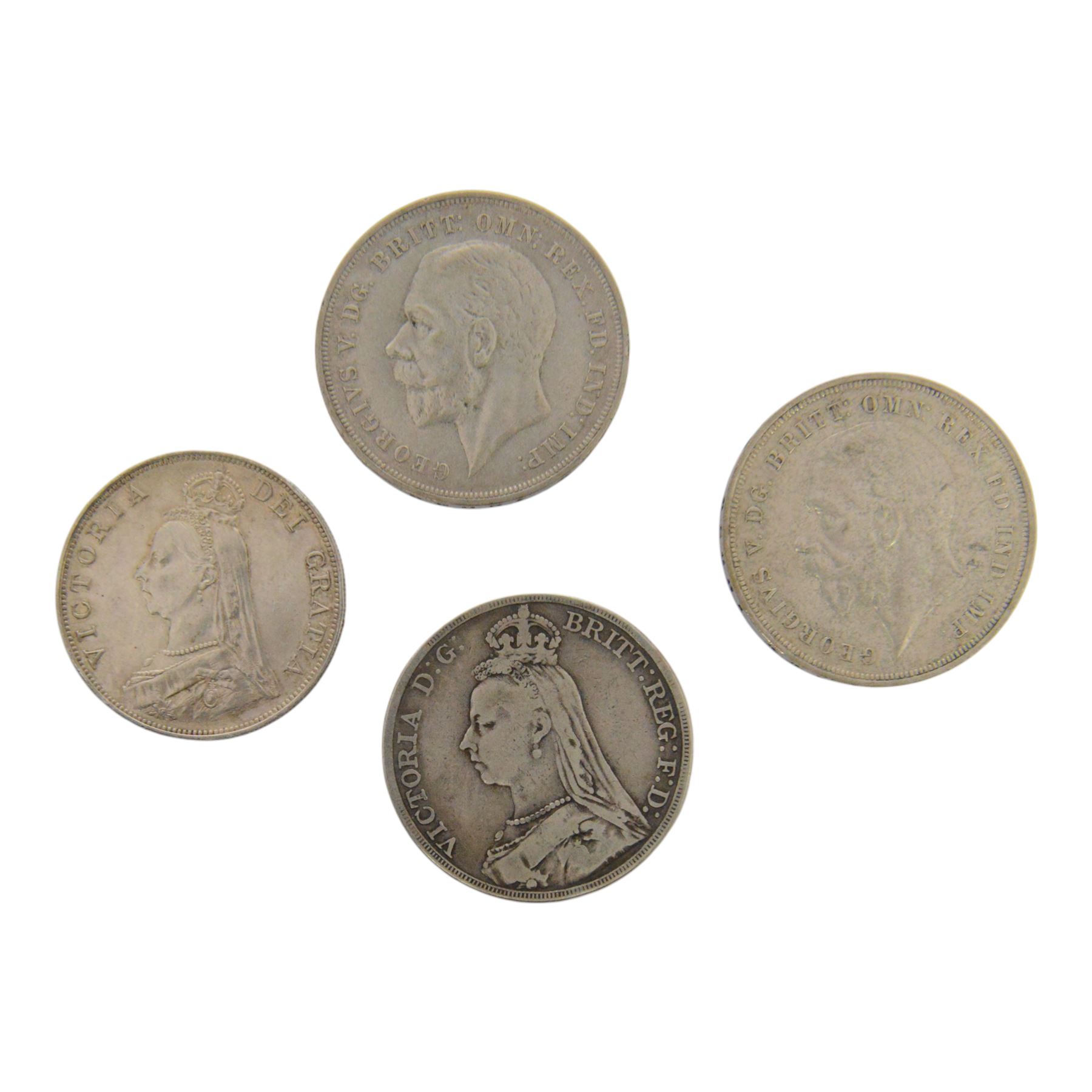 Queen Victoria 1887 silver double florin coin, Queen Victoria 1889 silver one crown coin, and two King George V 1935 silver one crown coins (4)