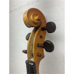 Four Chinese graduated violins - full size with 35.5cm two-piece back; three-quarter size with 33.5cm two-piece back; half size with 31cm two-piece back; and quarter size with 27.5cm two-piece back; all cased except full size; one with bow (4)
