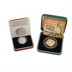 Six The Royal Mint United Kingdom silver proof coins or sets, comprising 1980 crown, 1981 crown, 1981 Jersey one pound, 1983 one pound, 1986 two pound, 1898 two pound two coin set, all cased with certificates, together with two further silver proof one pound coins, 2003 and 2004, encapsulated with certificates