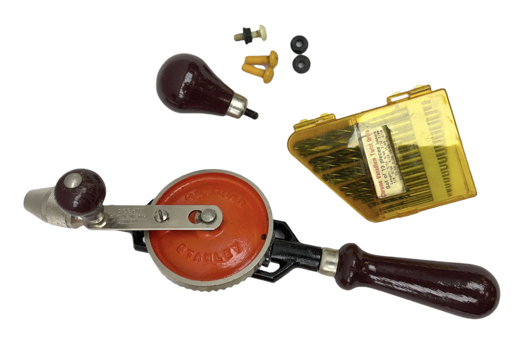 Boxed Stanley 803 hand drill, set of 13 twist drills etc