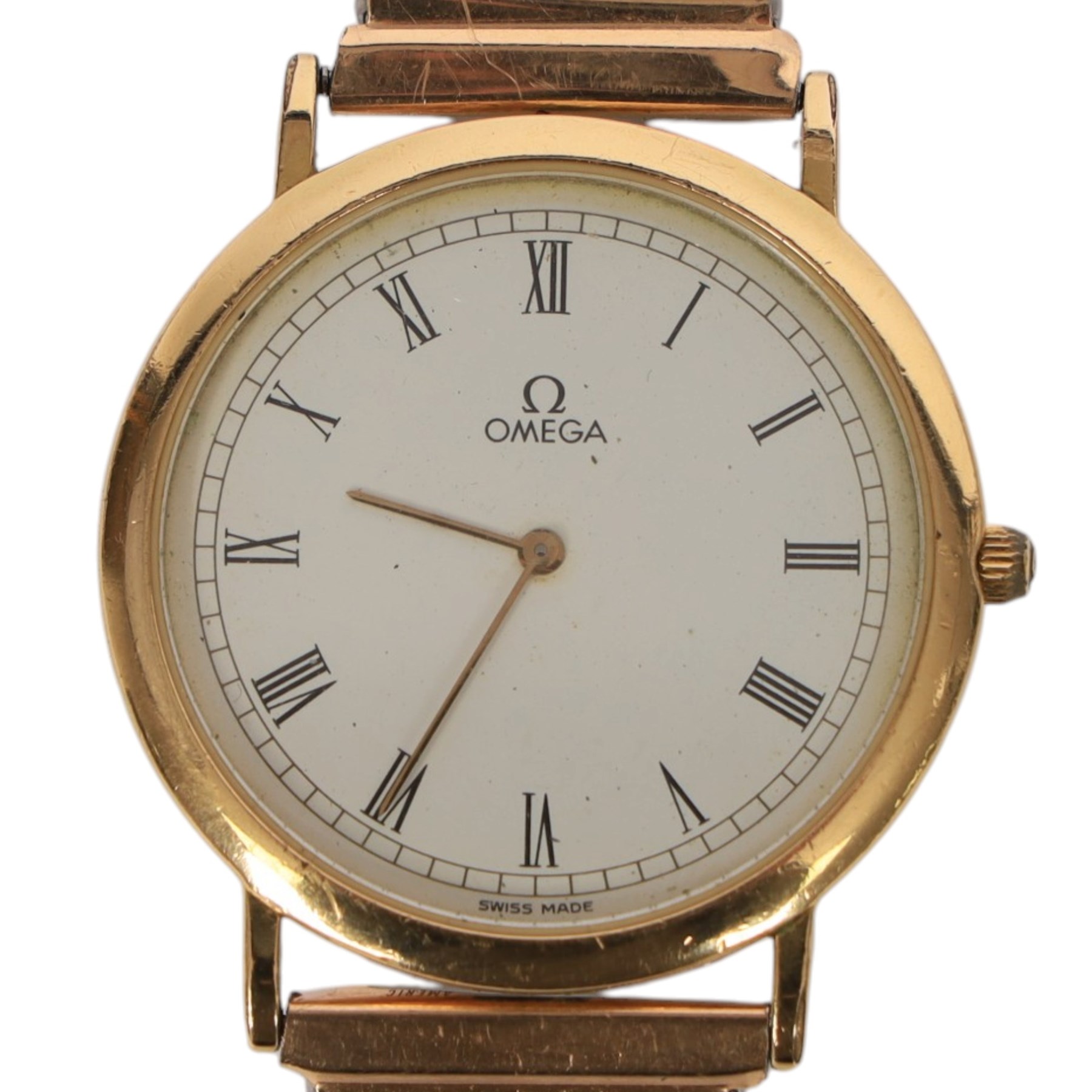 Omega De Ville gentleman's gold-plated and stainless steel quartz wristwatch, Ref. 195.0075.2, white dial with Roman numeral hour markers, on expanding gilt strap, with Omega buckle, boxed