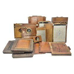 Otto Wernhard folding mahogany and brass plate camera, with Steinhart Munchen lens No. 35129, together with two other plate camera and various plates 