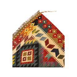 Afghan Maimana Kilim flatweave rug, dark teal ground with a multicoloured diamond lattice, framed by a wide border of stylised motifs, finished with braided corner tassels